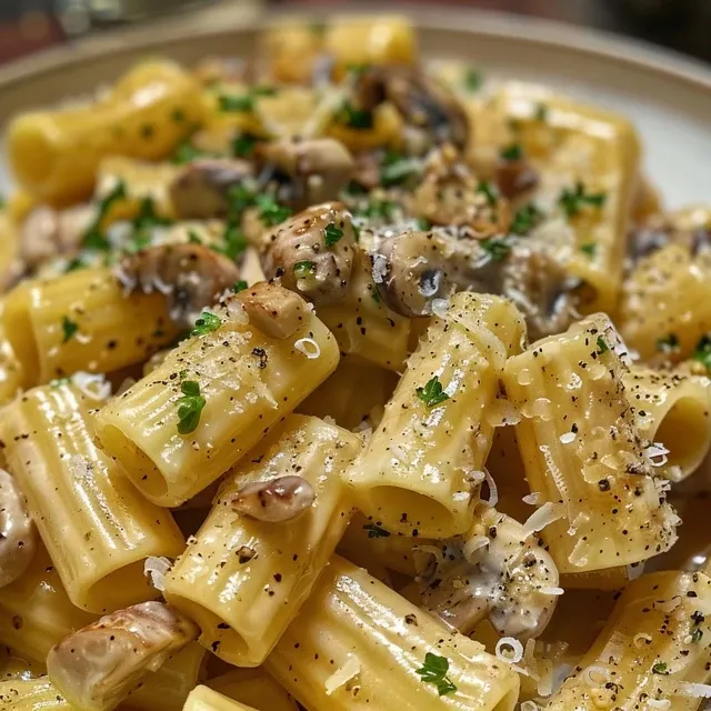Nahaufnahme von cremiger Pasta mit gewürfeltem Hähnchen und Parmesan.
