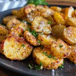 Saftige Bratkartoffeln in einer Airfryer-Ansicht mit Zwiebeln und Schinken.