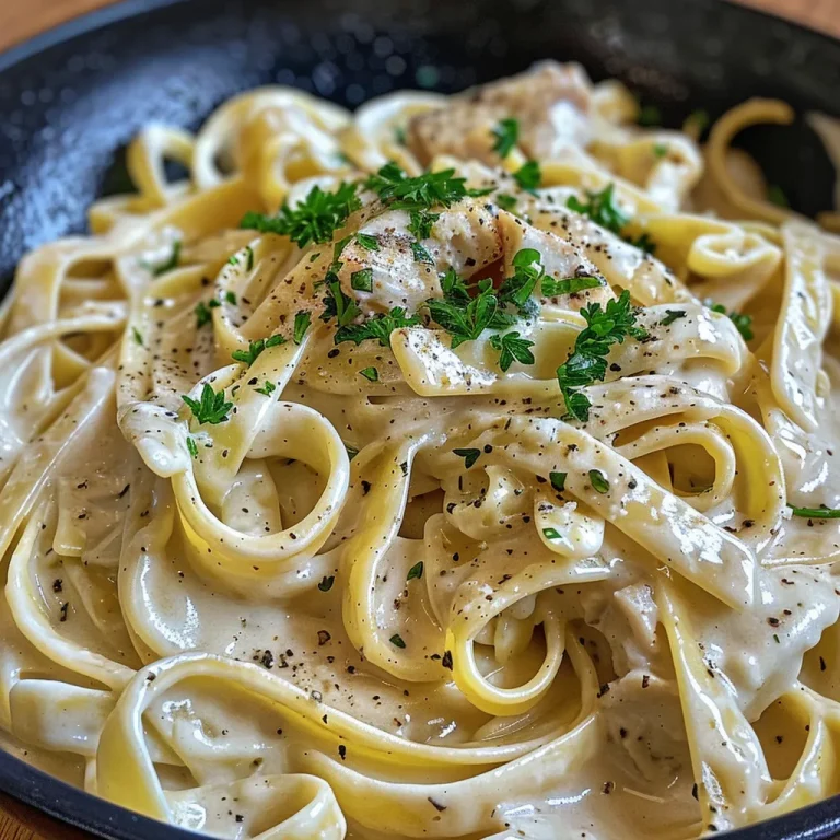 Nahaufnahme von Cremiger Hähnchen Alfredo Pasta in einer Schüssel.