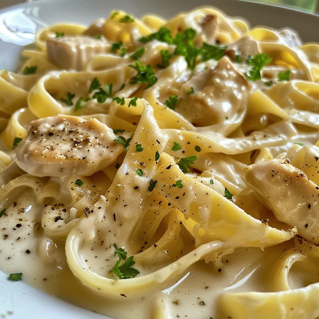 Seiteansicht von dampfender Fettuccine mit Hähnchen und Sahnesoße.