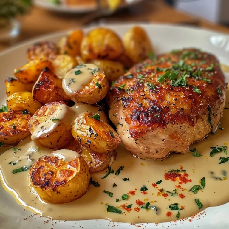 Einfacher Genuss: Cremiger Hühnchen- und Kartoffelauflauf für die ganze Familie Nahaufnahme eines cremigen Hühnchen- und Kartoffelauflaufs in einer Auflaufform.