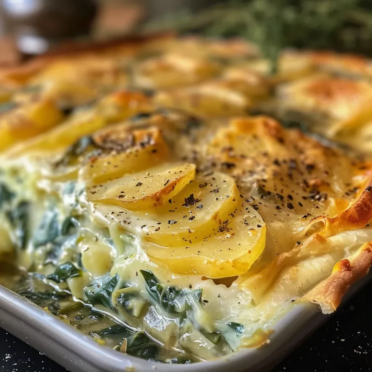 Nahaufnahme eines cremigen Spinatauflaufs mit Kartoffeln.
