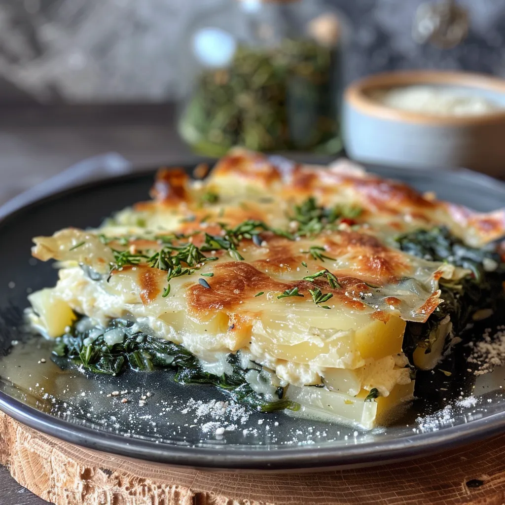 Seitenansicht eines frisch gebackenen Spinat-Kartoffel-Auflaufs.