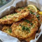 Nahaufnahme von knusprigen Fischstäbchen in einer Heißluftfritteuse.