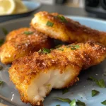 Knusprige Fischstäbchen im Airfryer, seitliche Ansicht.