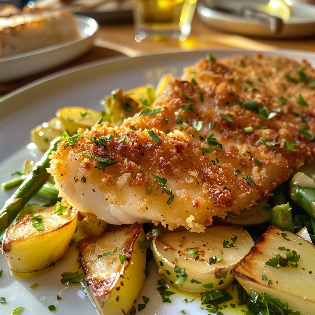 Seitenansicht von Fischstäbchen mit frischem Spargel und Kartoffelsalat.