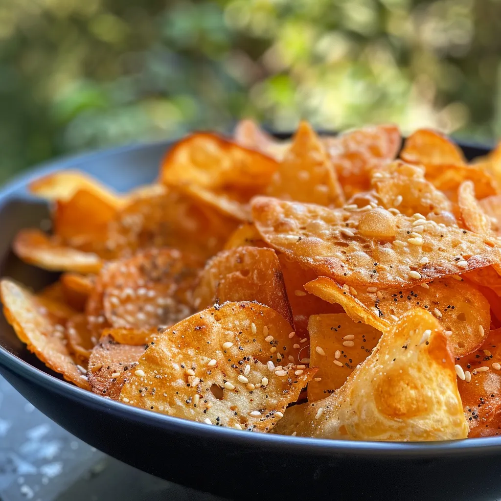 Seiteansicht von goldbraunen Gemüse-Chips, bestreut mit Sesam.