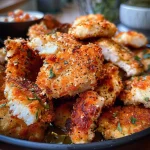 Knusprige Hähnchen Nuggets aus dem Backofen, goldbraun und saftig.