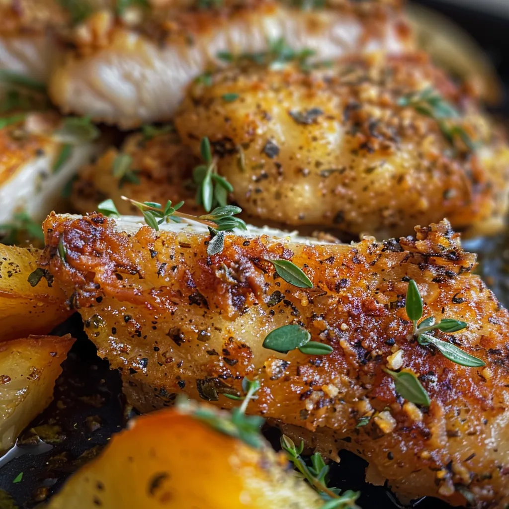 Nahaufnahme von perfekt zubereiteter Hähnchenbrust mit Kräutern.