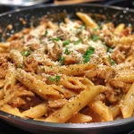 Nahaufnahme von Heirate Mich Hähnchen-Pasta mit frischem Basilikum.