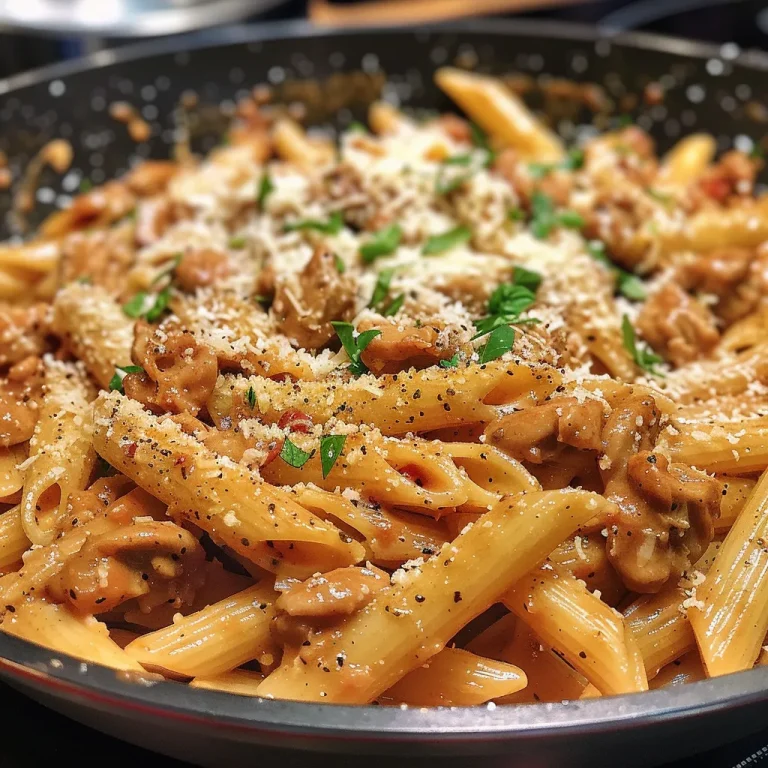 Nahaufnahme von Heirate Mich Hähnchen-Pasta mit frischem Basilikum.