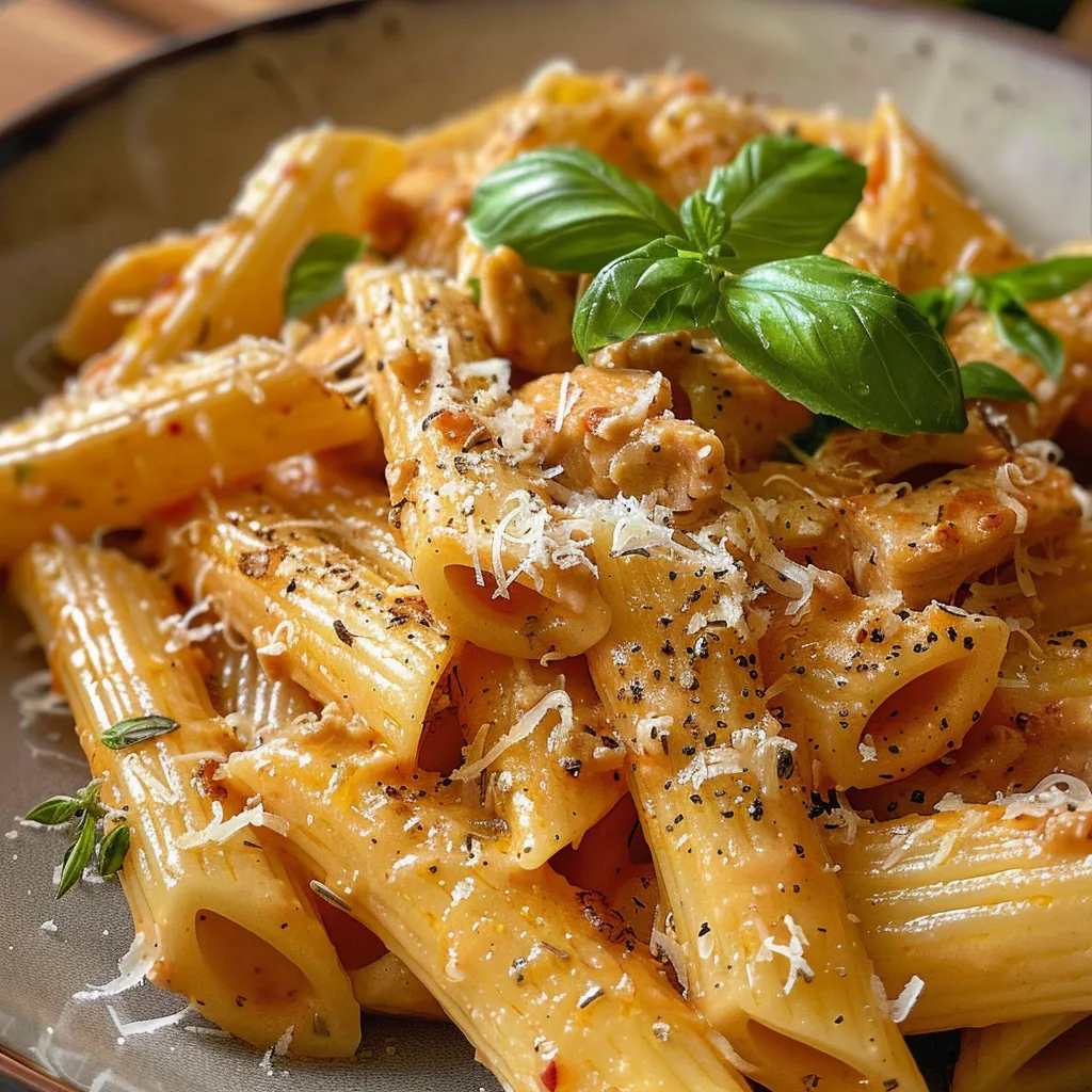 Juicy Heirate Mich Hähnchen-Pasta in einer weißen Schüssel, seitliche Ansicht.