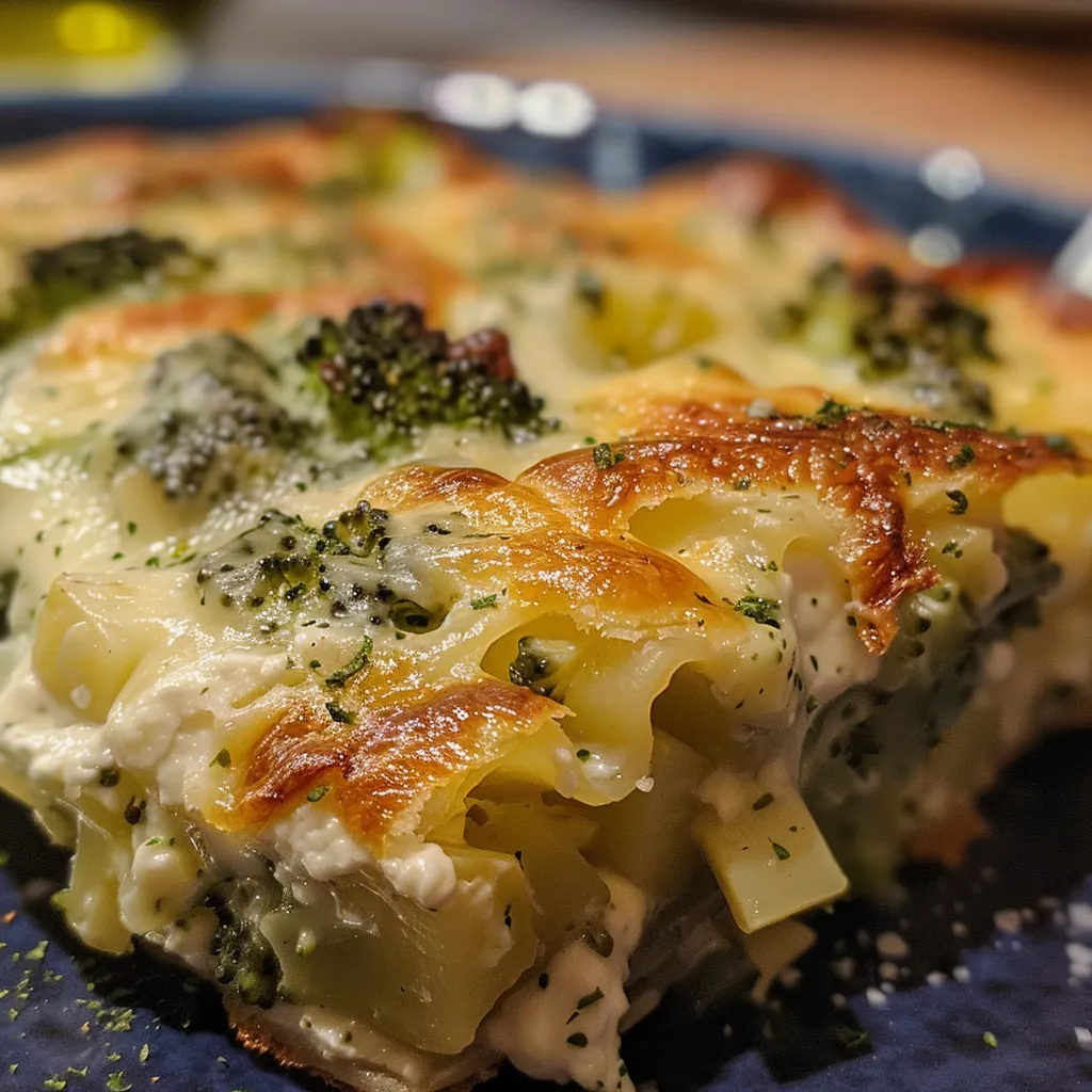 Seitenansicht eines frisch gebackenen Kartoffel-Brokkoli-Auflaufs mit Käse darüber.