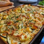 Nahaufnahme eines Kartoffelauflaufs mit buntem Gemüse.