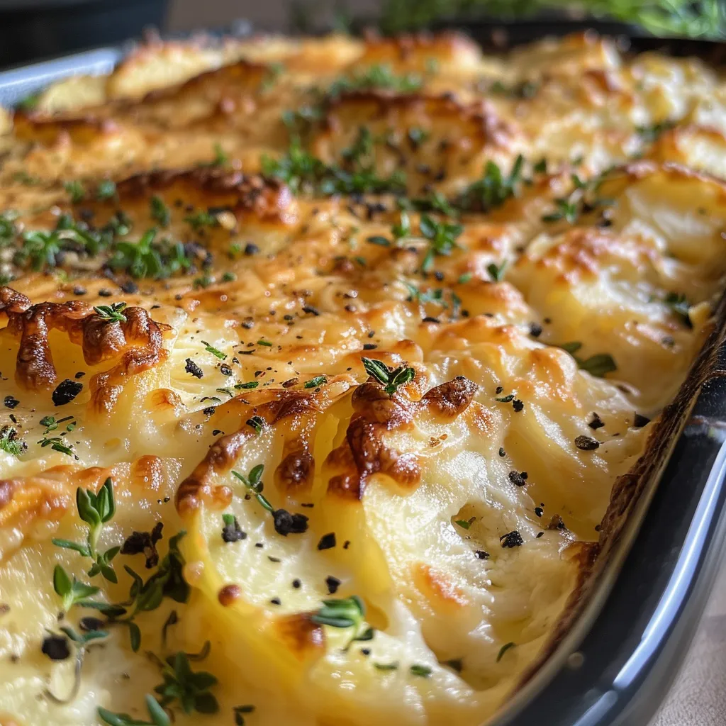 Seitenansicht eines frisch gebackenen Kartoffelauflaufs in einer Auflaufform.