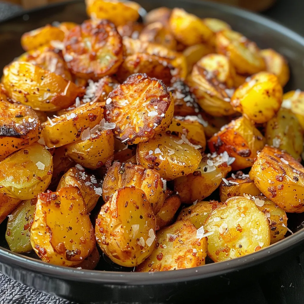 Seitenansicht von goldbraunen Kartoffelwürfeln, frisch aus dem Airfryer.