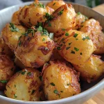 Nahaufnahme von goldbraunen Kartoffelwürfeln aus der Heißluftfritteuse.