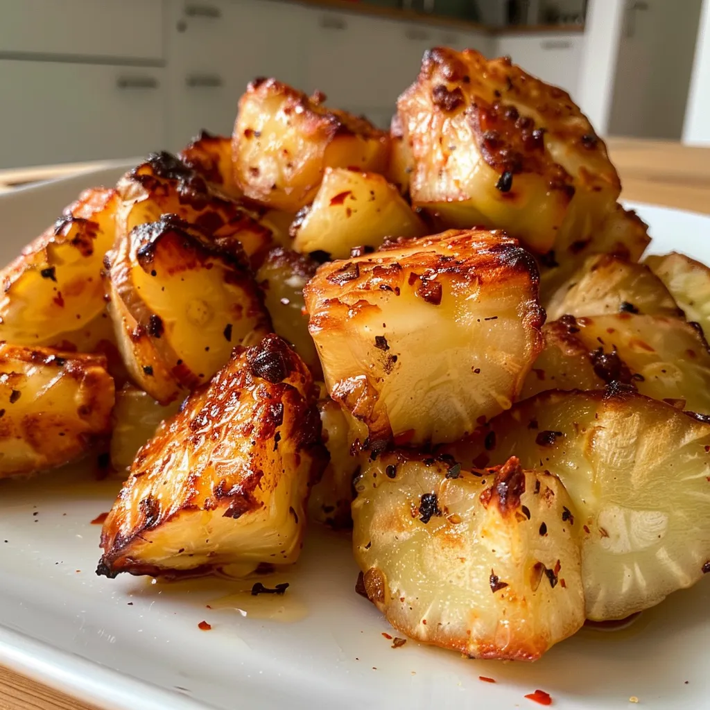 Sideview von knusprigen Kartoffelwürfeln, perfekt gegart in einer Heißluftfritteuse.