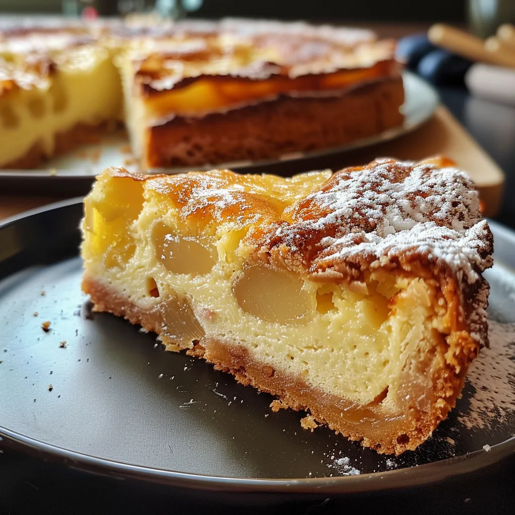 Seitenansicht eines cremigen Käsekuchens mit frischen Zutaten.