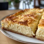 Cremiger Käsekuchen mit Quittenfüllung, seitliche Ansicht, saftige Textur.