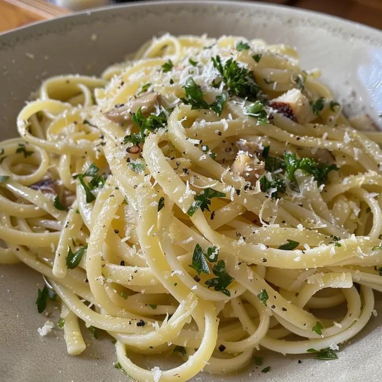 Nahaufnahme von Knoblauch-Hähnchen-Pasta in einer weißen Schüssel.