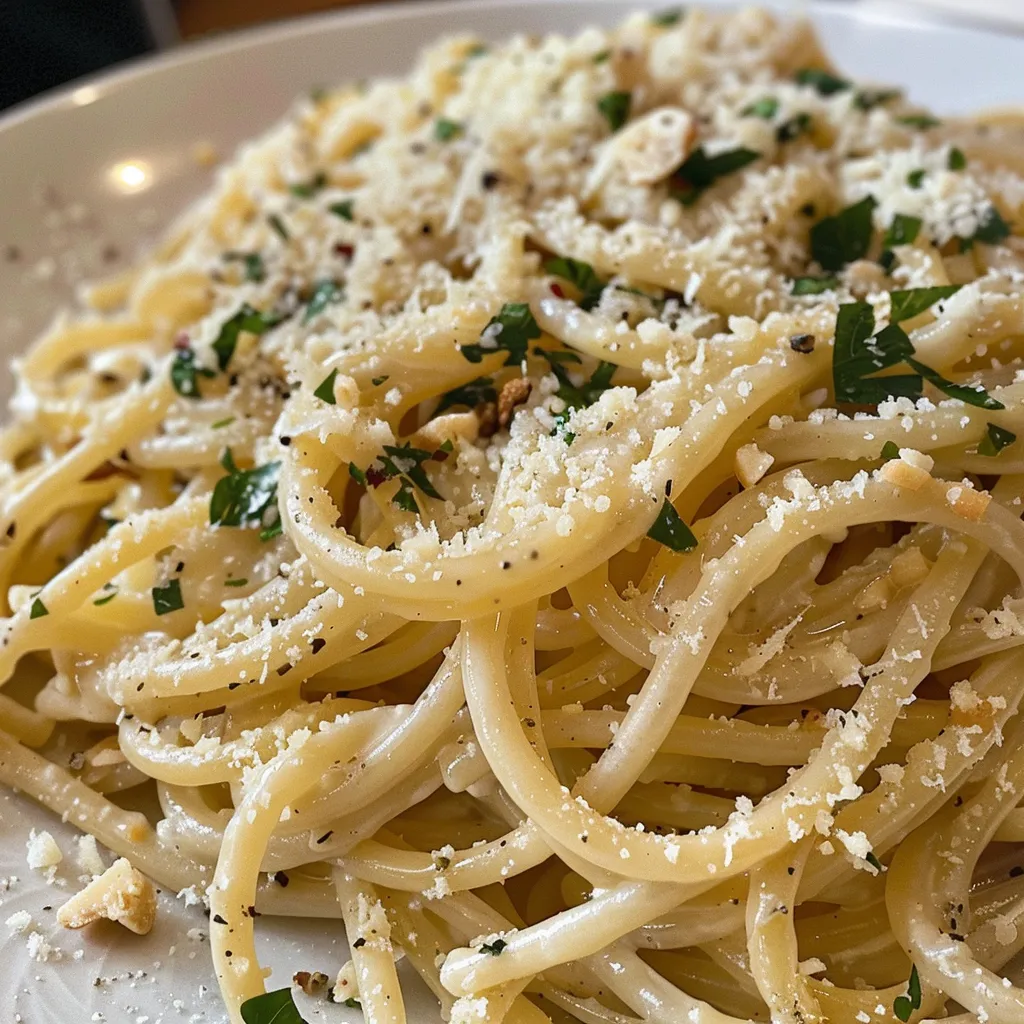Seiteansicht von cremiger Pasta mit Hähnchen und Knoblauch, dekoriert mit Petersilie.