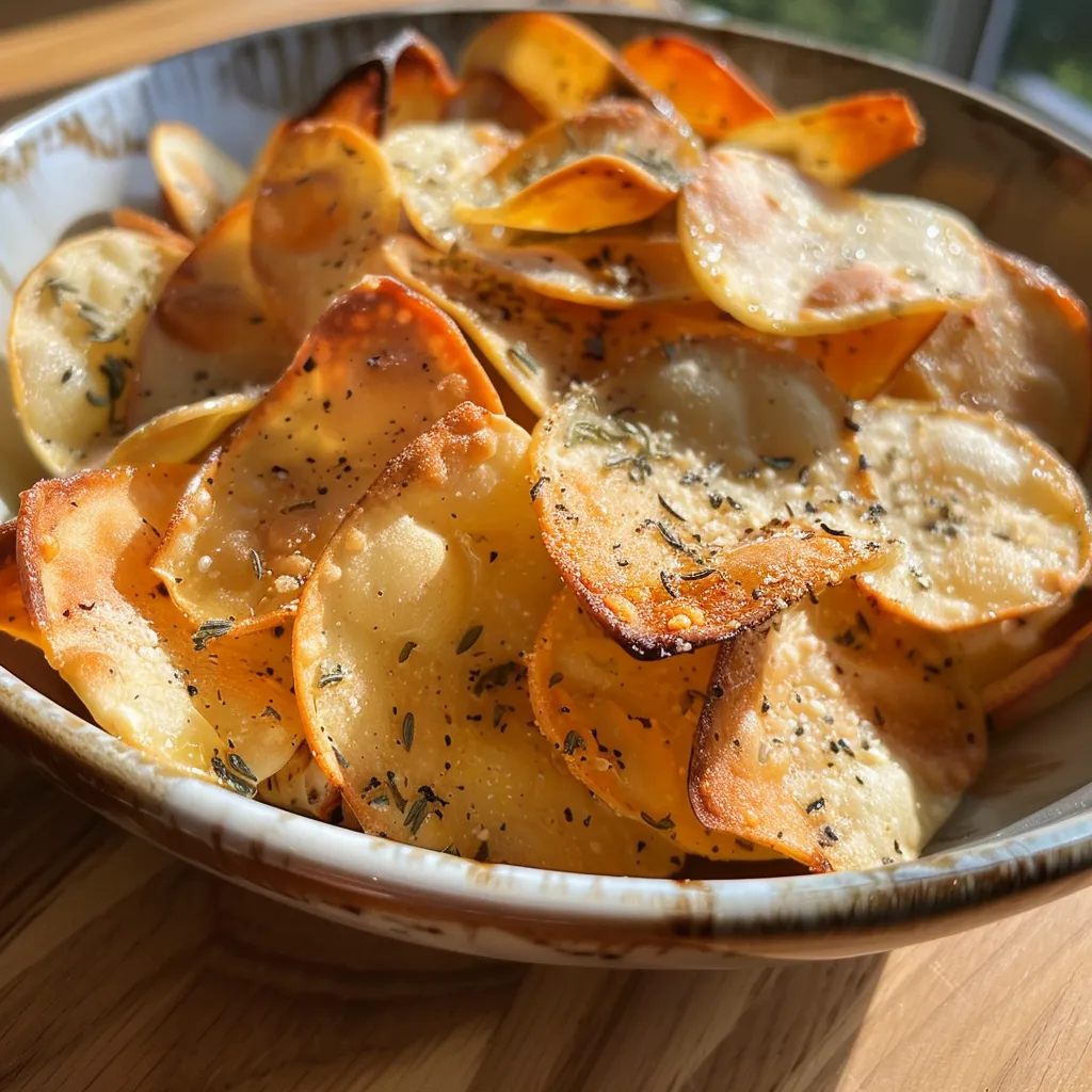 Seitenansicht von Hüttenkäse-Chips, die knusprig und appetitlich aussehen.