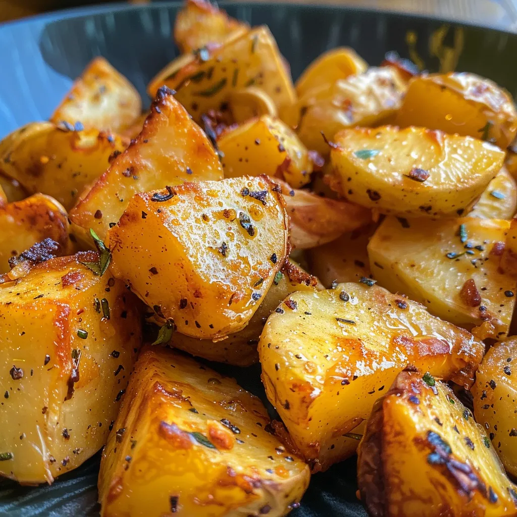 Nahaufnahme von knusprigen Kartoffelwürfeln, gut gewürzt und appetitlich angerichtet.
