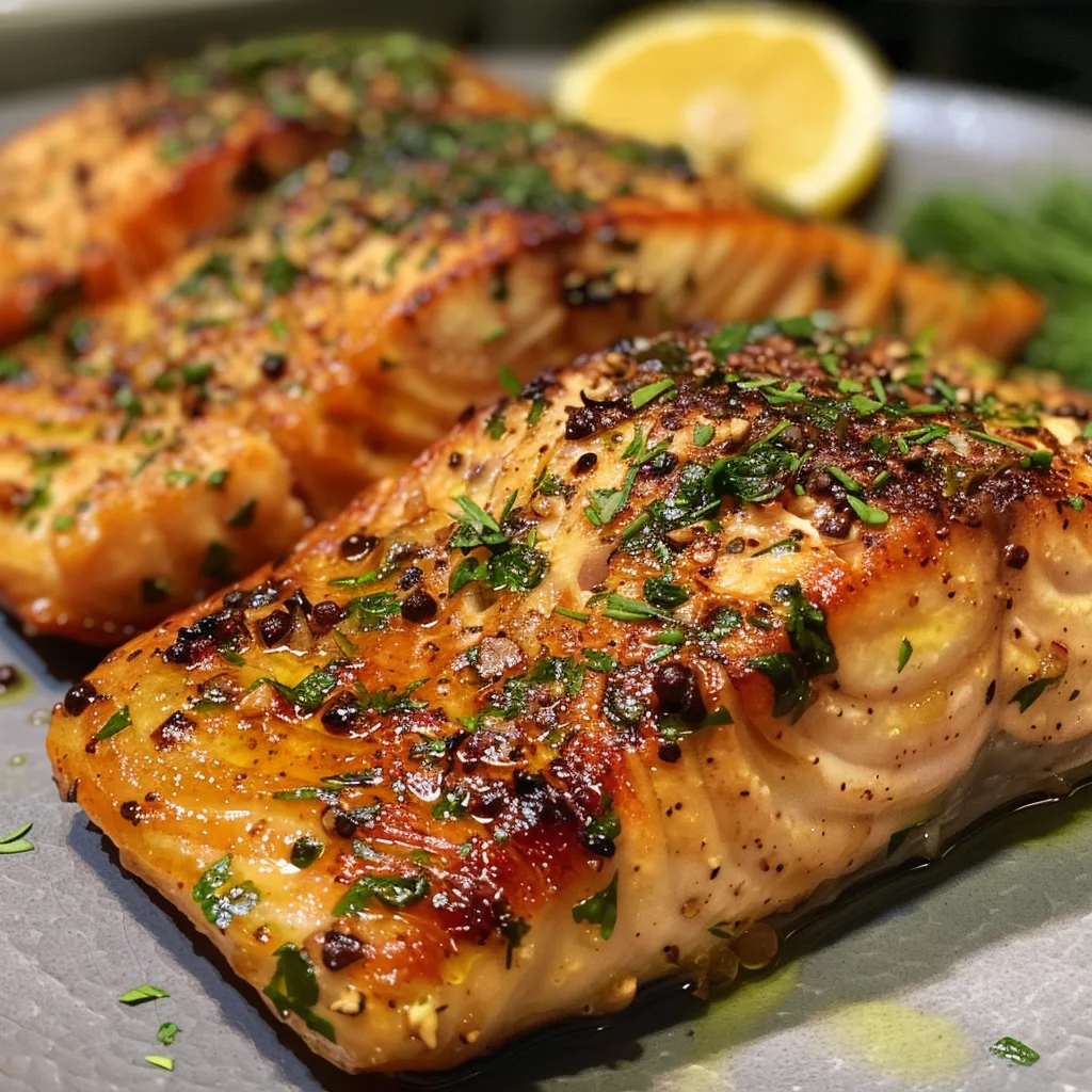 Nahaufnahme von Lachsfilets, perfekt gebraten, mit Gewürzen.