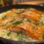 Saftiger Lachs in cremiger Dill-Zitronen-Soße, nahaufnahme von der Seite.