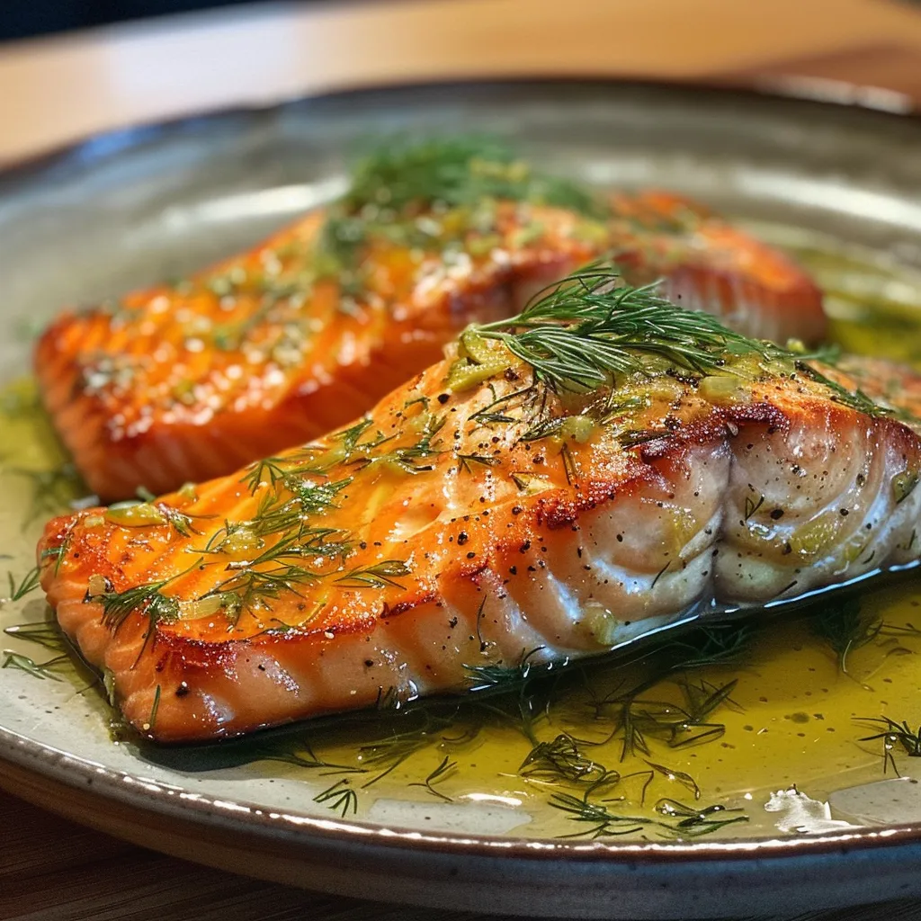 Detailaufnahme von zartem Lachsfilet in einer Dill-Zitronen-Soße.