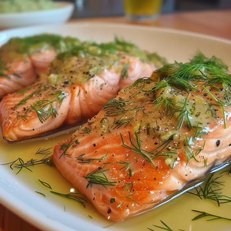 Nahaufnahme von Lachsfilet in Zitronen-Dill-Soße.