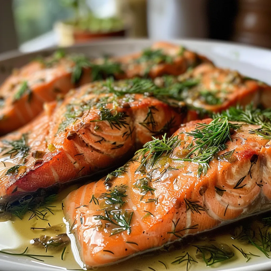 Frischer Lachs in einer cremigen Zitronen-Dill-Soße, seitliche Ansicht.