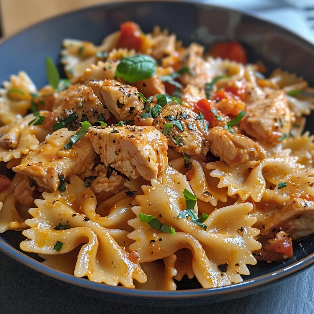 Seiteansicht von Marry Me Pasta mit saftigem Hähnchen und Sauce.