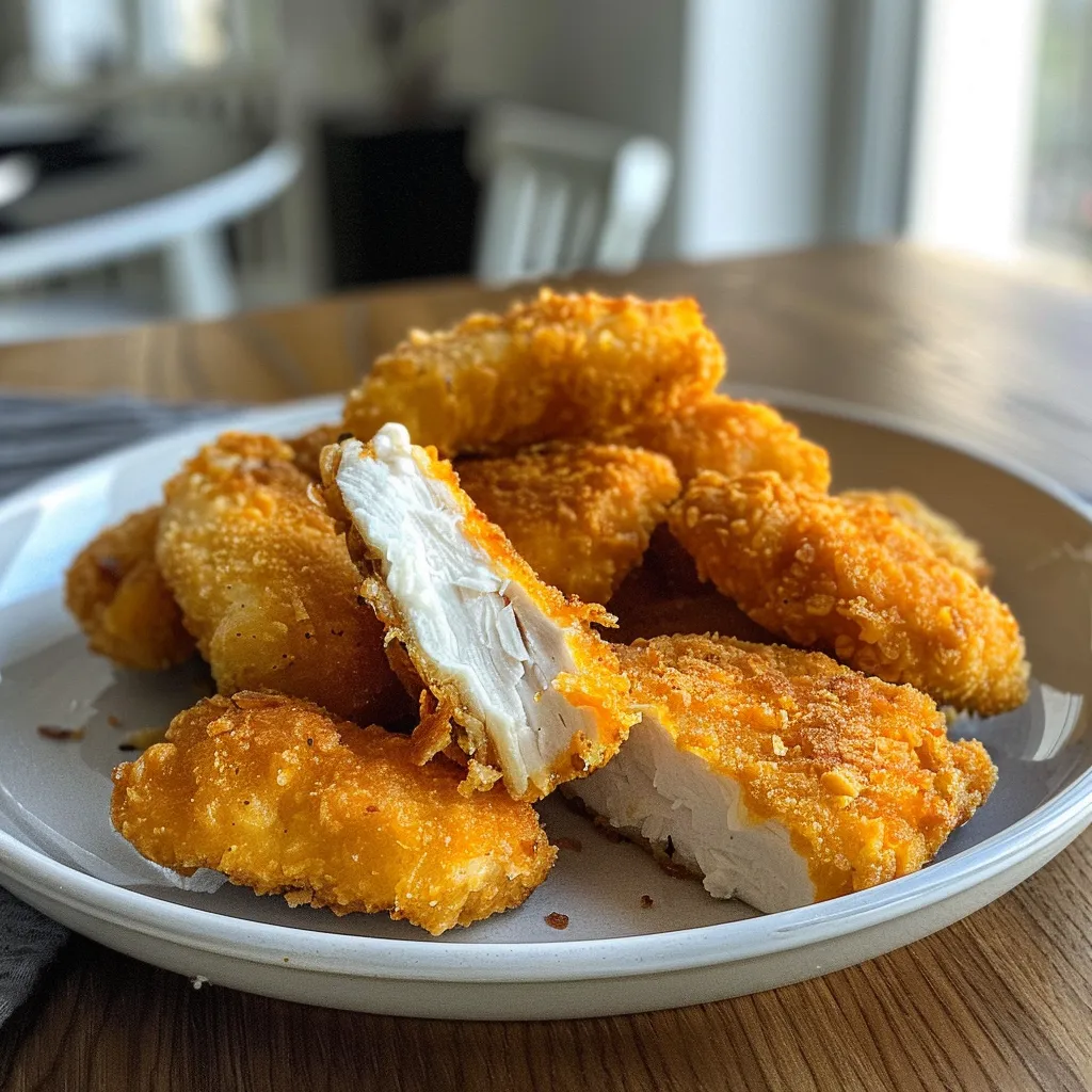 Nahaufnahme von goldenen Hähnchen Nuggets mit Dip.