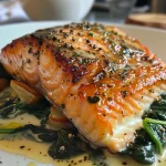 Nahaufnahme eines saftigen Ofenlachs mit Spinat und Zitronenscheiben.