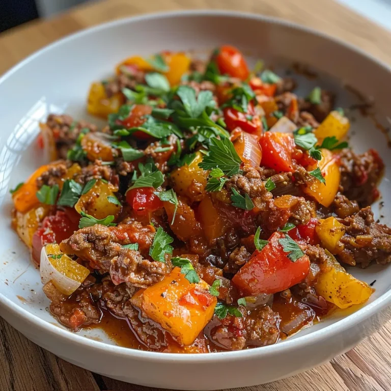 Nahaufnahme eines bunt gefüllten Paprikapfanne mit Rinderhackfleisch und Reis.