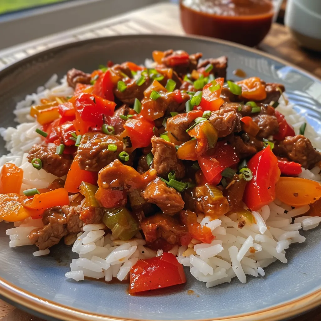 Seitenansicht eines köstlichen Gerichts mit Paprika, Hackfleisch und Reis.