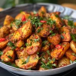 Naheaufnahme von knusprigen Patatas Bravas, die in einem Airfryer zubereitet wurden.