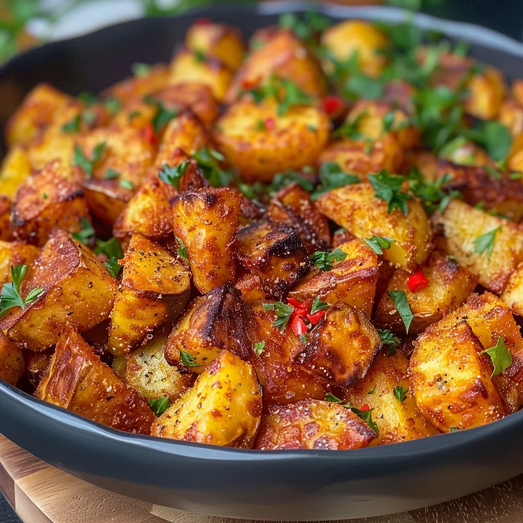 Side-View-Foto von goldbraunen Patatas Bravas mit Dips, aus dem Airfryer.