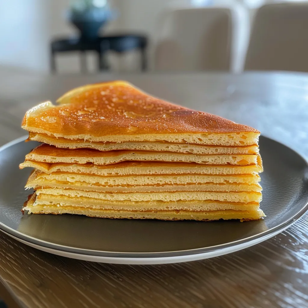 Seitenansicht eines fluffigen Pfannkuchens ohne Zucker auf einem Teller.