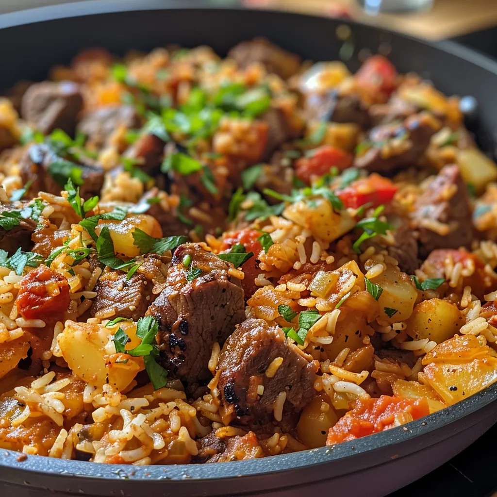 Seiteansicht einer köstlichen Reis-Hackfleisch-Pfanne mit buntem Gemüse.