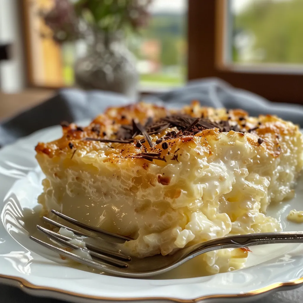 Naheaufnahme eines cremigen Reispuddings, dekoriert mit Schokolade.