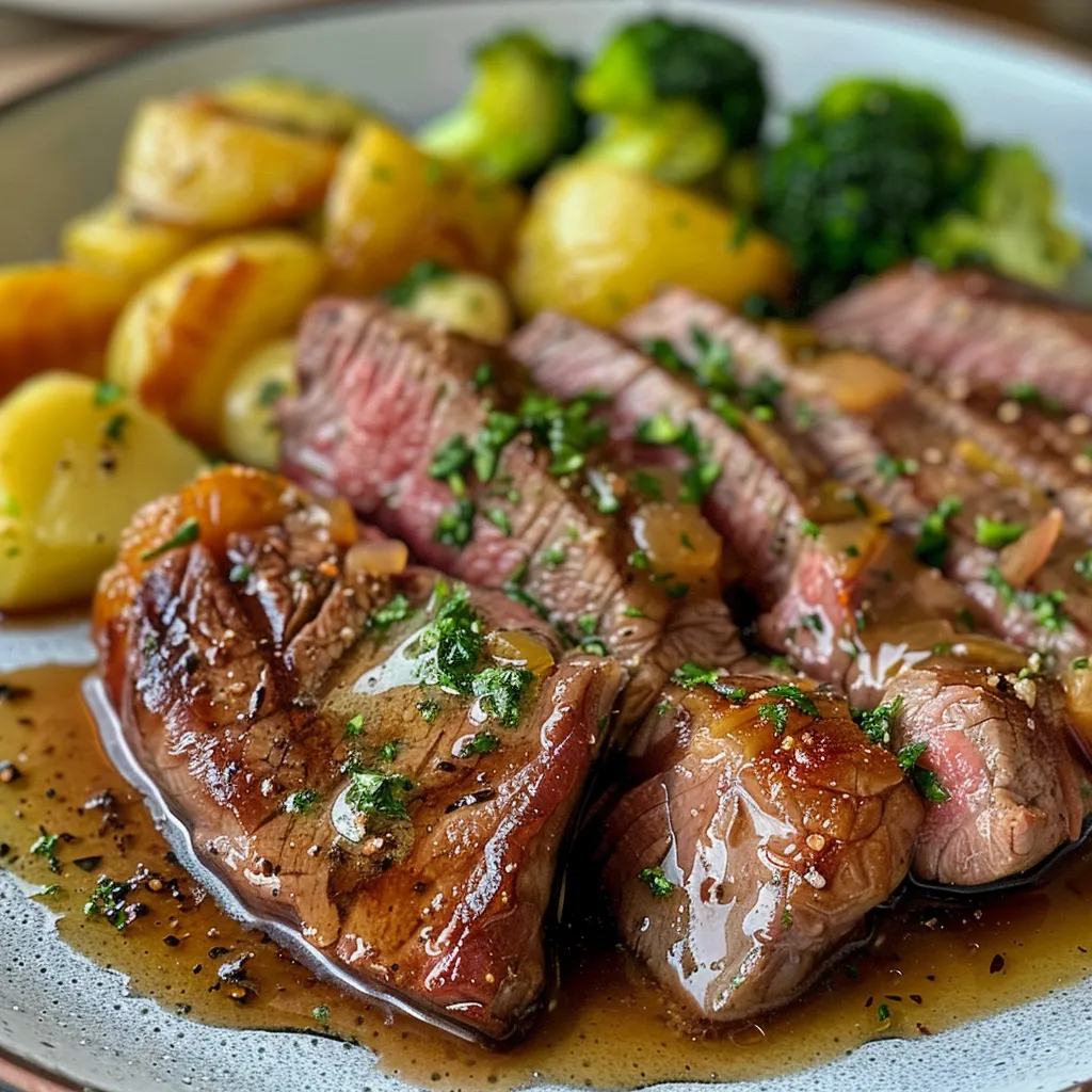 Seiteansicht einer köstlichen Rindfleisch-Brokkoli-Pfanne in einem weißen Teller.