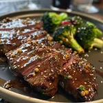 Saftiges Rindfleisch und frischer Brokkoli auf einem Teller, in Seitenansicht.