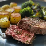 Nahaufnahme von saftigem Rindfleisch und Brokkoli in einer Schüssel.