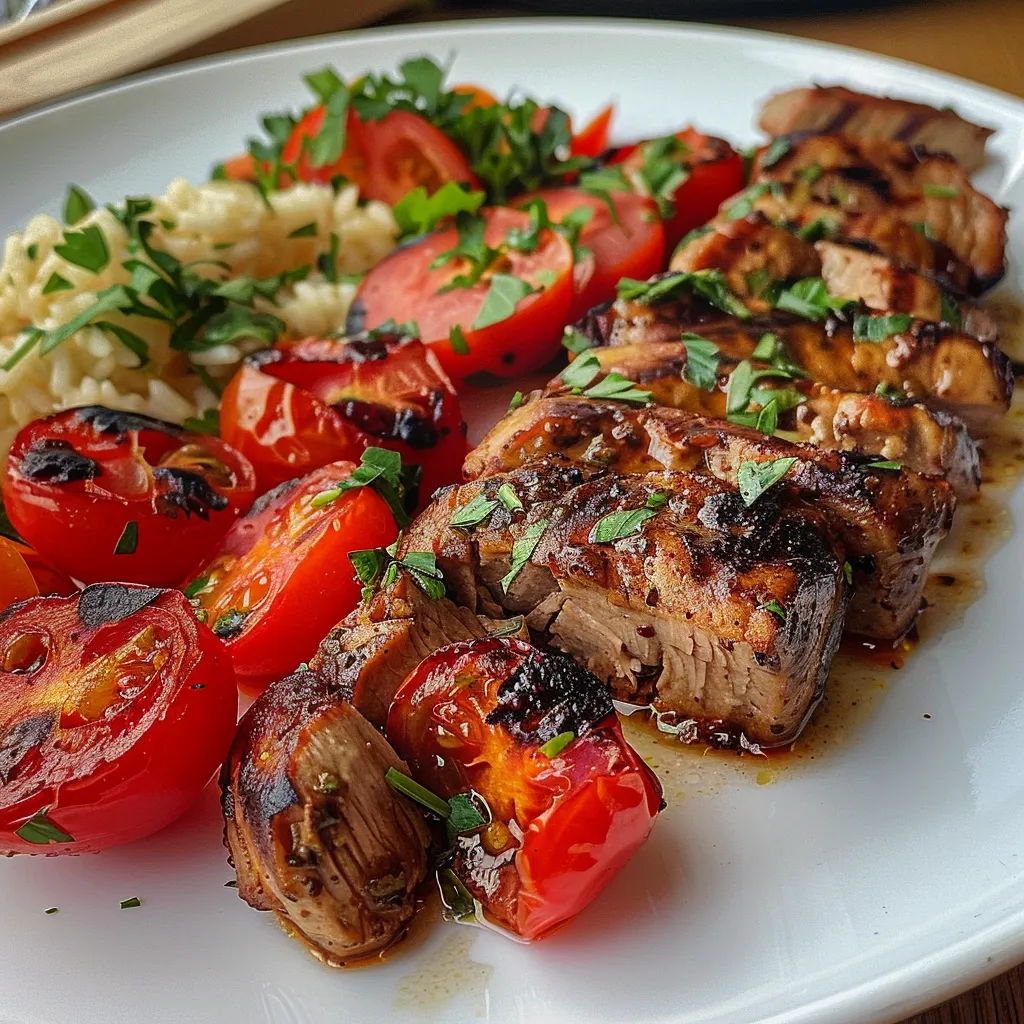 Nahaufnahme von Serbischem Reisfleisch mit Hähnchen, umgeben von frischen Zutaten.