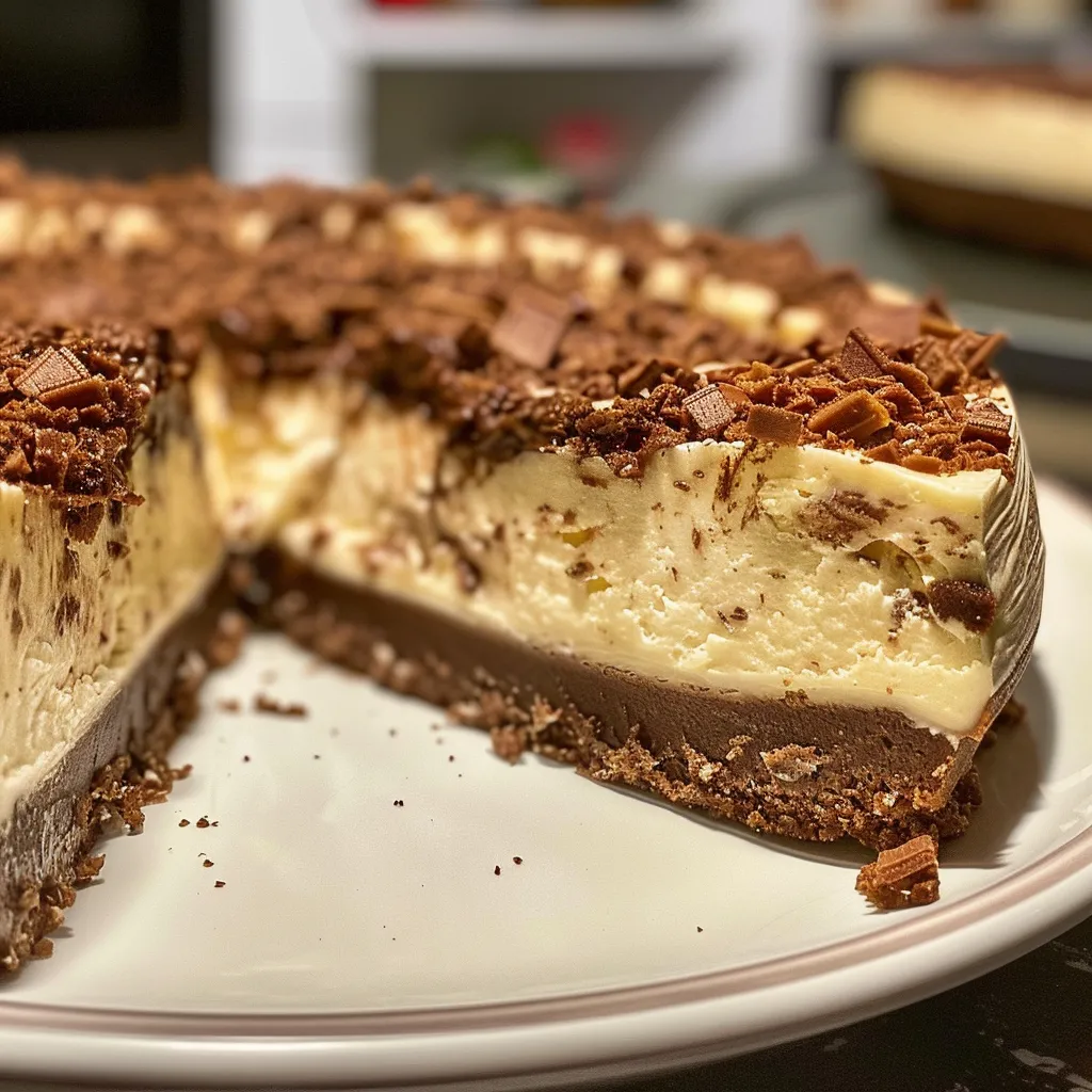 Seitenansicht eines Zimtschnecken-Cheesecakes mit leckerer Zimtfüllung.