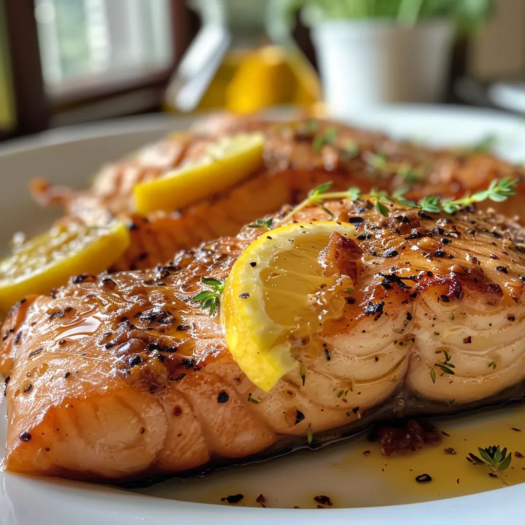 Nahaufnahme von gegrilltem Lachs, garniert mit Zitronenscheiben und Thymian.