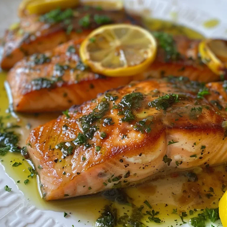 Nahaufnahme eines saftigen Zitronenbutterlachs mit knusprigen Kartoffeln.